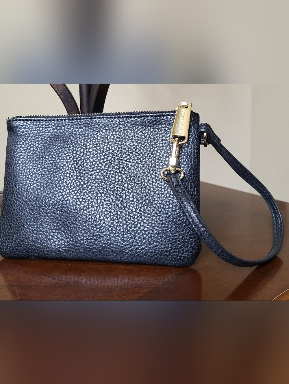 Steve Madden Pebbled Black Wristlet with Gold Hardware